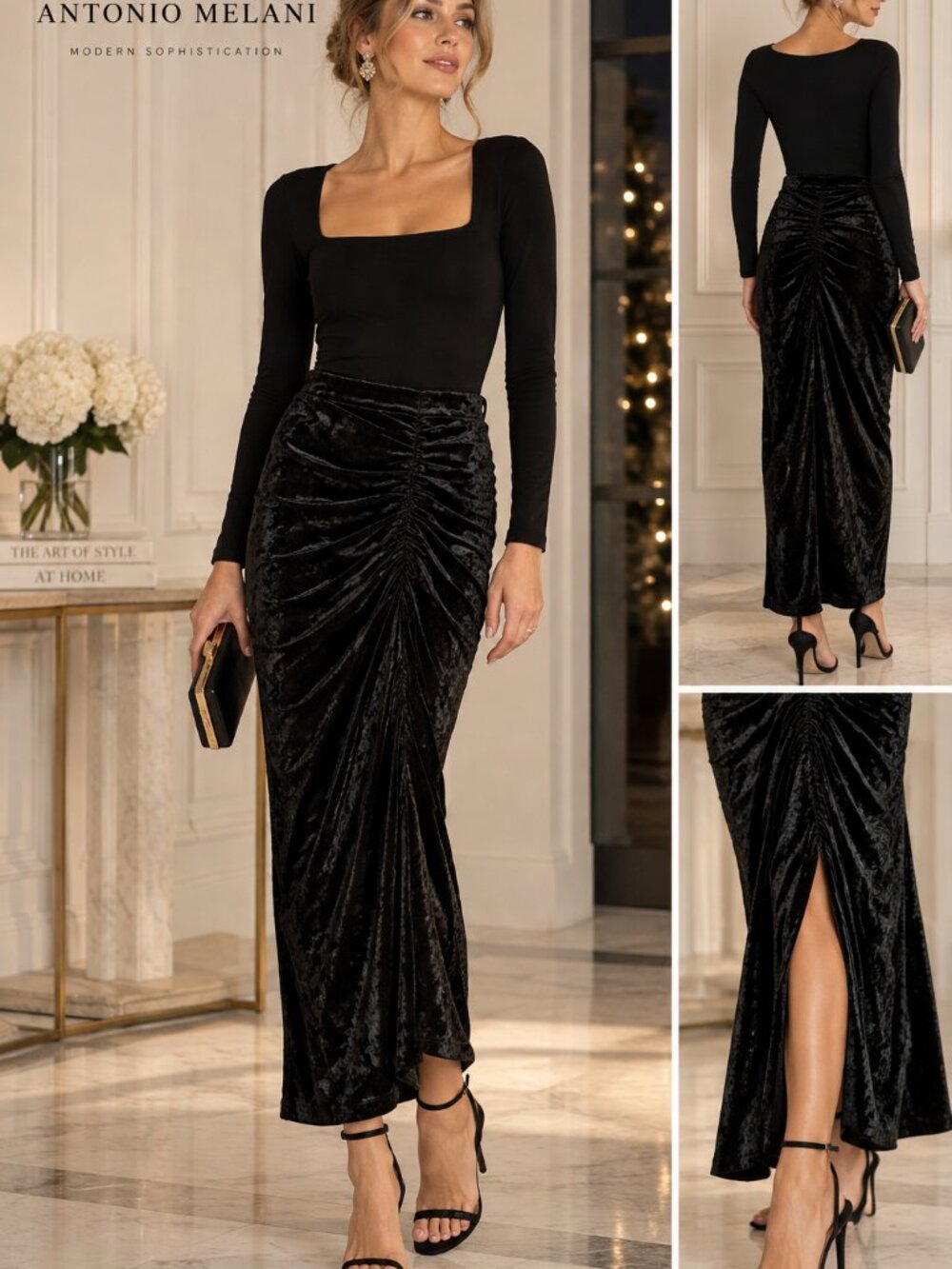 Antonio Melani Black Crushed Velvet Side Ruched Slit Maxi Skirt – NWT Size 8